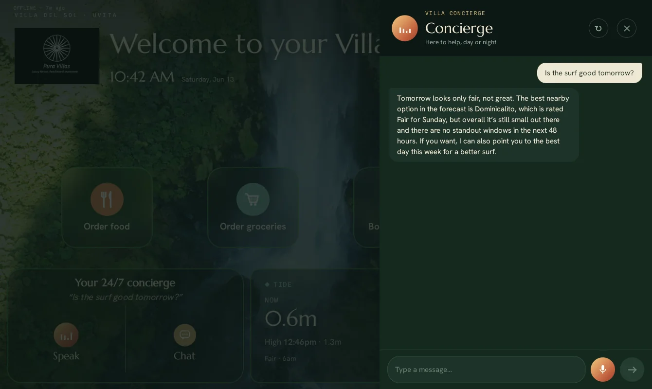 The concierge chat panel answering the question 'Is the surf good tomorrow?' with a specific forecast-based recommendation.